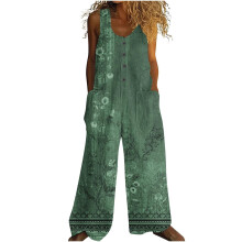 Dame sommersparkedragt med blomsterknapper og lommer - 100% krympet polyester, vide ben, afslappet løs pasform, S-2XL