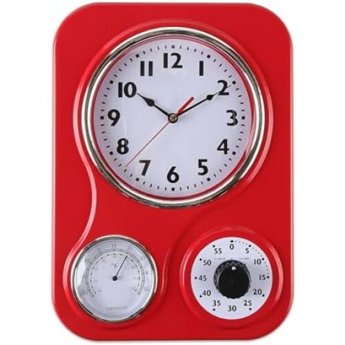 Ρολόι τοίχου κουζίνας ρετρό 9,5"x12,5" με θερμόμετρο και χρονοδιακόπτη 60 λεπτών –