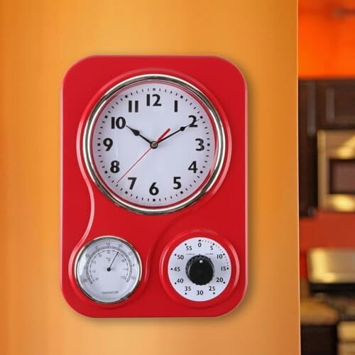 Ρολόι τοίχου κουζίνας ρετρό 9,5"x12,5" με θερμόμετρο και χρονοδιακόπτη 60 λεπτών – 1