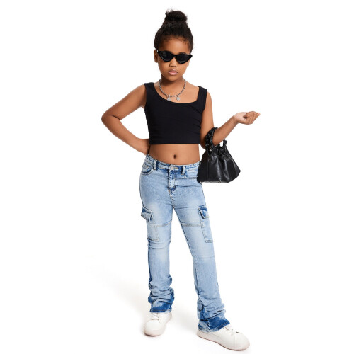 Παντελόνι Cargo Jeans για Κορίτσια, Αγόρια, Ελαστικό, Στενή Γραμμή, Τζιν με Κουμπιά, 1