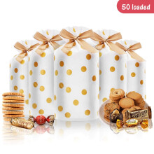 MesaSe50 Stück Süßigkeiten- und Kekstüten aus Kunststoff mit Kordelzug, goldgepunktet, für Geburtstagsfeiern, Snackverpackungen,