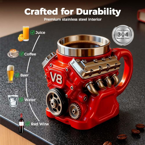 Κόκκινη κούπα καφέ από ανοξείδωτο ατσάλι V8Engine, διπλού τοιχώματος μονωμένη κούπα 1