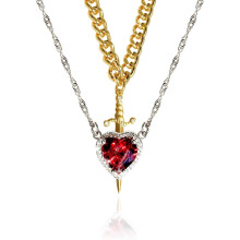 Set di collane di coppia Cuore e Spada – Acciaio inossidabile dorato con zirconi rosa, collane romantiche abbinate, adatte all'uso quotidiano