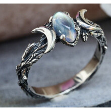 Anello vintage a mezzaluna con pietra di luna: anello alla moda in lega galvanizzata per donna, stile bohémien, argento