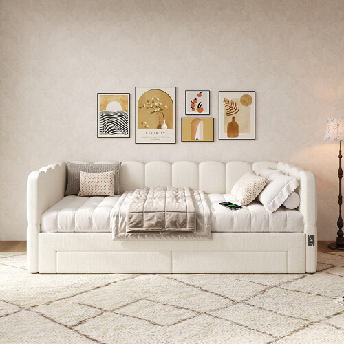 Beige Linen Extendable Sofa Bed with Storage 2