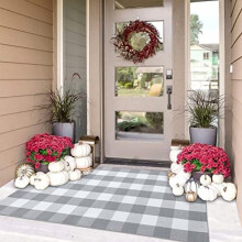 Waschbare Fußmatte mit Büffelkaromuster, 90 x 150 cm – Grau-weißer Outdoor-Willkommensteppich für Landhausstil, Eingangsbereich, Veranda (für