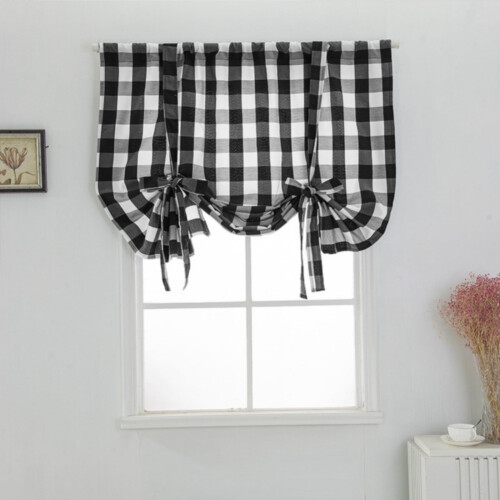 Buffalo Check Tie-Up Curtains Grey White Semi-Sheer Rod 2