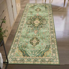 Tapis de couloir antidérapant 90 x 210 cm avec envers en caoutchouc, lavable, aspect vieilli vintage, bordure verte – Convient aux couloirs, à la