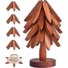 Juego de salvamanteles de madera con forma de árbol (5 piezas + soporte)