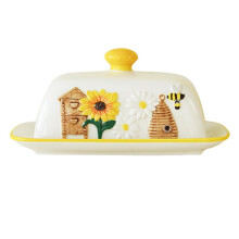 Sunflower Bee Ceramic Butter Dish with Lid – Yellow, Thick-Walled, Dishwasher Safe