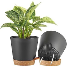 Lot de 2 pots de 20 cm pour plantes d'intérieur et d'extérieur, pots à arrosage automatique avec réservoir profond, noirs avec imitation terre