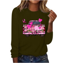 Leichtes, olivgrünes Langarmshirt für Damen, bauchfrei, Rundhalsausschnitt, Polyester, Grafikprint, Größe M