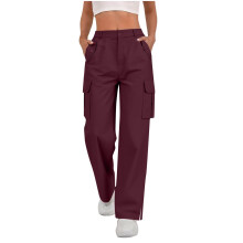 Damen-Cargohose mit elastischem Bund, Streetstyle-Hose mit mehreren Taschen und Seitenschlitzen, vorgeschrumpft, Coolmax-Material, lockere Passform,