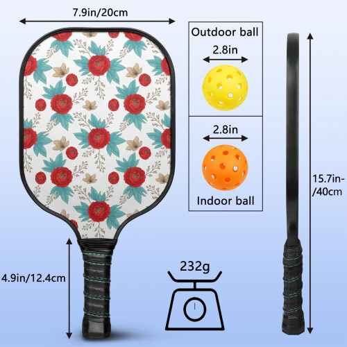 Σετ κουπιών Pickleball από fiberglass με λουλούδια, 2 μπάλες και τσάντα – Συμβατό με 2