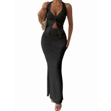 Ensemble jupe et haut dos nu torsadé noir pour femme, taille XS