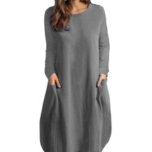 Kleider für Damen, lässig, Winter/Herbst, Übergrößen, Langarm, neutral, knielang, U-Boot-Ausschnitt, einfarbig, mit Tasche, modisches Kleid