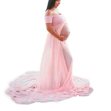 Kjole til gravide kvinder med slids foran, skulderfri kjole, gulvlang, gravid prinsesse, fotorekvisitter