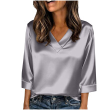 Damen-Top, lässiger, lockerer Satin-Pullover für Frühling und Sommer mit Dreiviertelärmeln und V-Ausschnitt, einfarbige, bequeme Bluse für Damen.