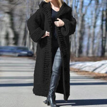 Cardigan gros tricotat pentru femei, lungime până la gleznă, pulover maxi cu deschidere în față, mânecă lungă, negru, mărime mare 4XL