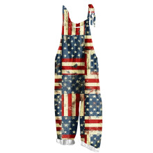 Macacão feminino patriótico para o 4 de julho - Macacão casual de linho texturizado com amarração nos ombros e estampa do Dia da Independência,