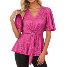 Top de lentejuelas de manga corta para mujer, estilo carnaval. Blusa de vacaciones, cuello redondo holgado, informal y elegante. Top brillante para