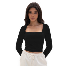 Damen-Crop-Tops, eckige Ausschnitt-Shirts, langärmlige Crop-Tops, figurbetonte Shirts, Basic-Kleidung, sexy Freizeitkleidung