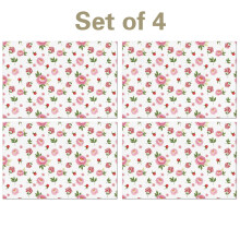 Sett med 4 bordbrikker i linblanding med blomstertrykk