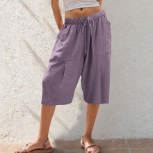 Calça pantalona feminina com cintura ajustável por cordão – Calça cropped fosca em nylon e elastano com bolsos, tamanhos P a 2GG, diversas