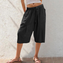 Naisten kiristysnyörilliset leveälahkeiset culottes-housut – mattapintaiset, taskuilla varustetut, nailonista ja spandexista valmistetut, lyhytt
