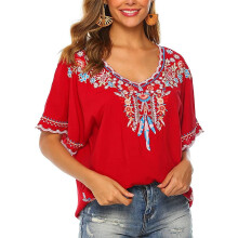 Top da donna ricamati, camicie a maniche corte con motivo tradizionale di piume e fiori, blusa in stile etnico