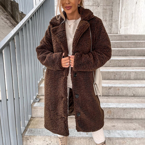 Γυναικείο παλτό Shearling με μακριά μανίκια, μονόχρωμο πανωφόρι με εγκοπή και πέτο, 1