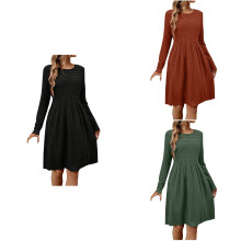 Damesjurk met lange mouwen, ribgebreide stof, ronde hals, casual herfst/winterjurk, groen XL – geschikt voor verjaardagen en feestjes