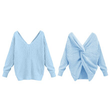 Damenpullover, zweiteilig, V-Ausschnitt, geknotet, offener Rücken, Strickpullover, Topdacron Blau