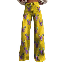 Mardi Gras-bukser til kvinder Plus size Baggy højtaljede jeans med vide ben Trendy grafisk print imiteret denim til fester