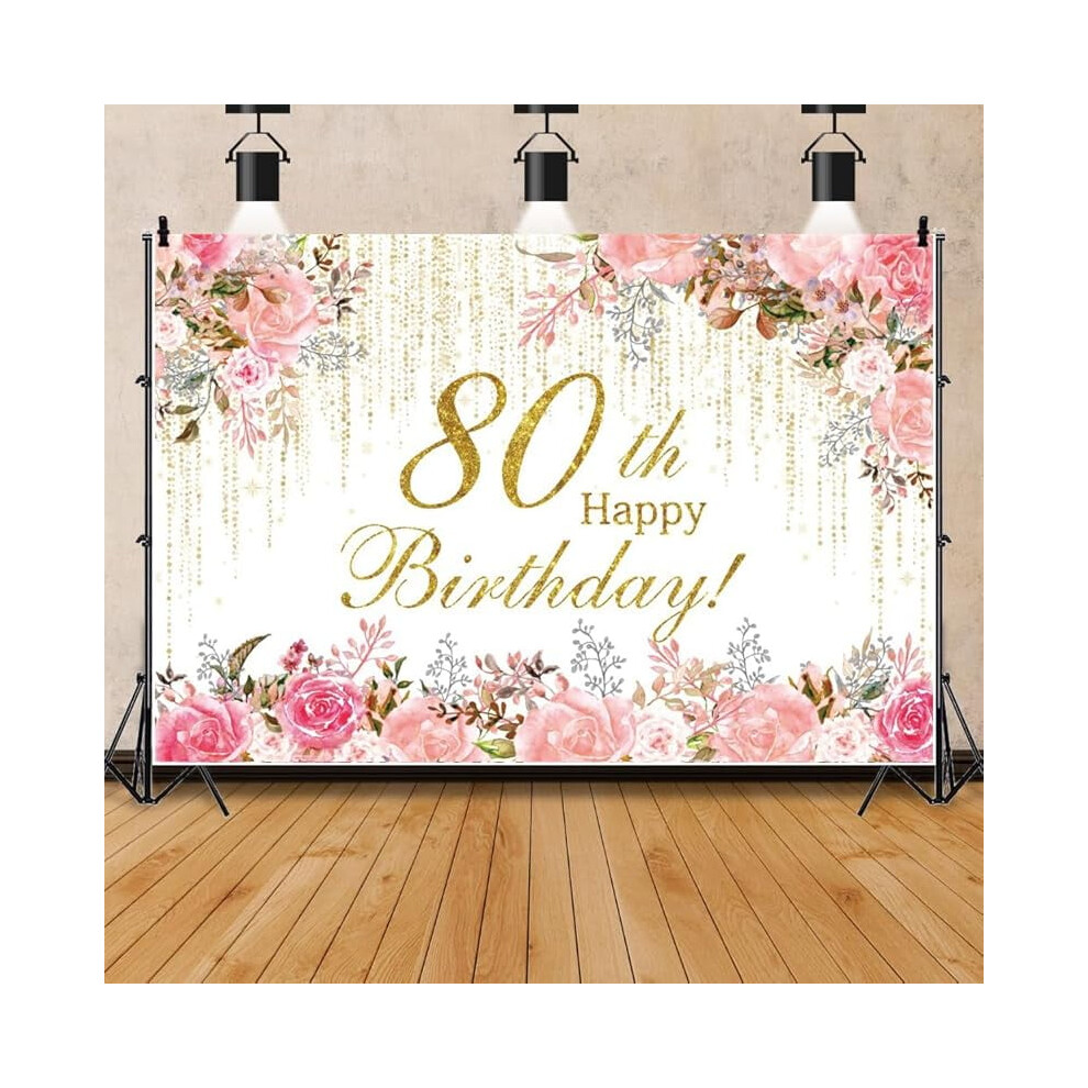 Watercolor Floral Backdrop With Curtains Â 80Th Birthday Party Decor, Grandma Theme, Compatible With Photography Studio Pink/Golden 9555307372950