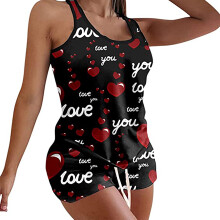 Damen-Pyjama-Sets 2025 Valentinstag Liebes-Print Set mit elastischem Bund, kurze Hose, mehrfarbig