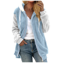 Damen-Wintermantel aus flauschigem Fleece in Übergröße, Kapuzenpullover mit Reißverschluss, Hellblau, XXL – Geeignet für kaltes Wetter