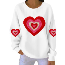 Damen-Sweatshirt mit Herzmotiv zum Valentinstag, gerippt, Rundhalsausschnitt, lang
