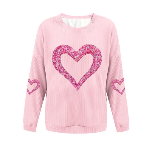 Felpa da donna a coste con scollo rotondo e cuore per San Valentino, lunga 2