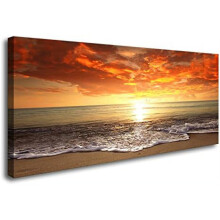 S0150 Tableau sur toile – Coucher de soleil sur l'océan, paysage marin moderne tendu et encadré, impression giclée pour salon et chambre