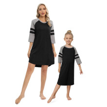 Anya és én pizsama összeillő szett rövid ujjú csíkos mintás pizsama ruha kerek nyakú hálóingek fekete S-2XL