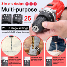 Perceuse sans fil 21 V avec 3 modes, 2 vitesses, réglage du couple sur 25 niveaux, vitesse de rotation réglable – Compatible avec les accessoires