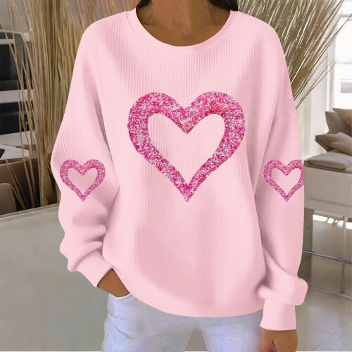 Felpa da donna a coste con scollo rotondo e cuore per San Valentino, lunga 1