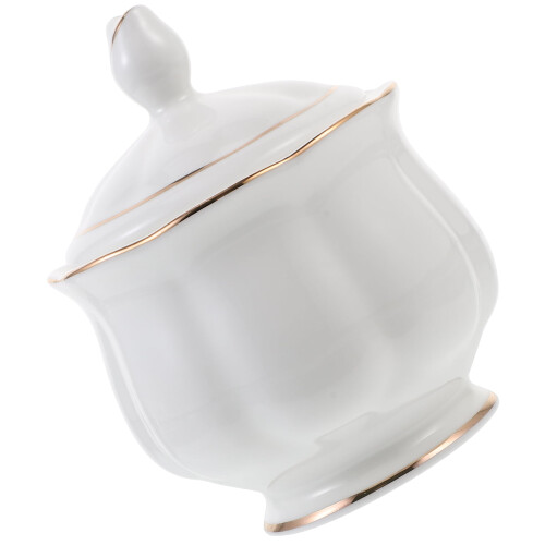 Sucrier en céramique blanche avec couvercle à bordure dorée 2