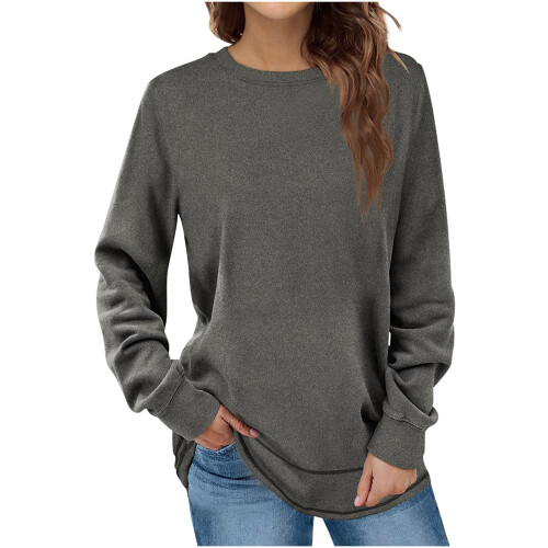 Langærmede T-shirts til kvinder, efterår/vinter, ensfarvede, rundhalsede pullovertoppe, grå