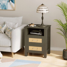 Rattan Nightstand with 2 Drawers and Charging Station Gray
