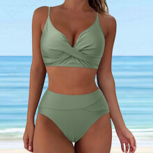 Trajes de baño para mujer, color liso, diseño cruzado, dos piezas, top con tirantes ajustables y braguita de talle alto.