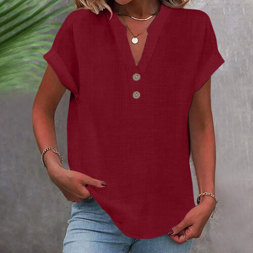 VERUGU Γυναικεία Μπλούζα με Κοντομάνικα, V-Neck, Βαμβακερά, Λινά Πουκάμισα, 1