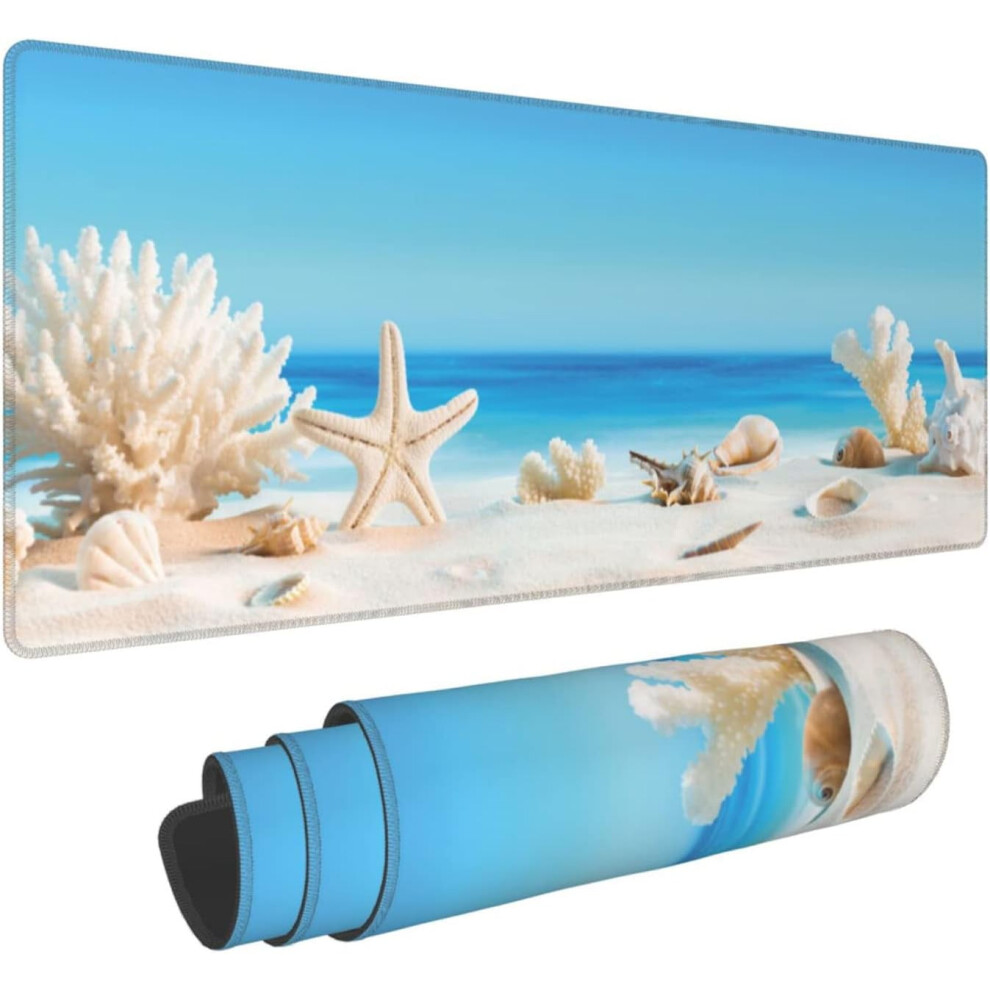 Seashells On Tropical Beach Gaming Mouse Pad 35.4X15.7", Non-Slip Rubber Base, Stitched Edges Â Compatible With All Mice 9170372955022