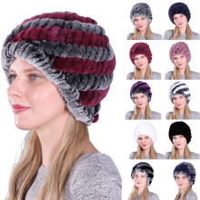 Damen-Pelzmütze, Kunstkaninchenfellmütze, Strickmütze, flauschige Wintermütze, warme, weiche Plüschmütze für Damen im Winter